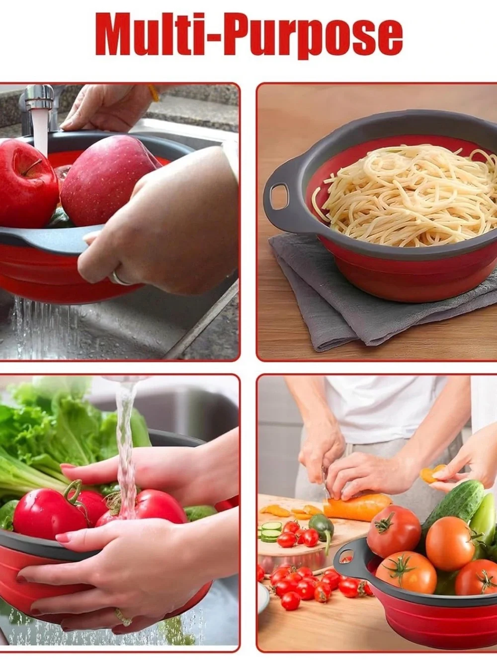 Collapsible Silicone Strainer Colander - Red & Gray